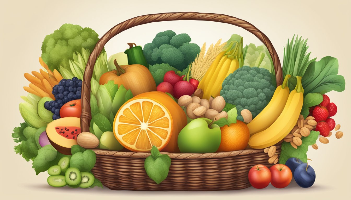 A colorful array of fruits, vegetables, nuts, and whole grains arranged in a wicker basket, with a label reading "Catering to Special Diets."