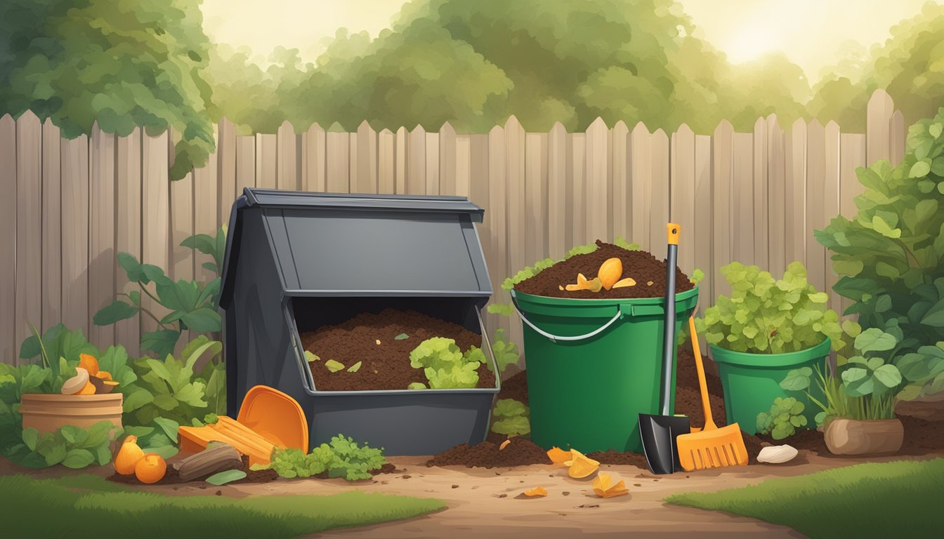 A backyard compost bin surrounded by greenery and a mix of food scraps and yard waste, with a shovel and a pair of gardening gloves nearby