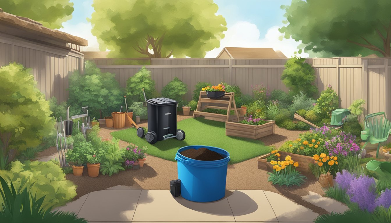 A backyard with a compost bin, garden tools, and various organic waste materials, surrounded by plants and trees in Temecula, CA