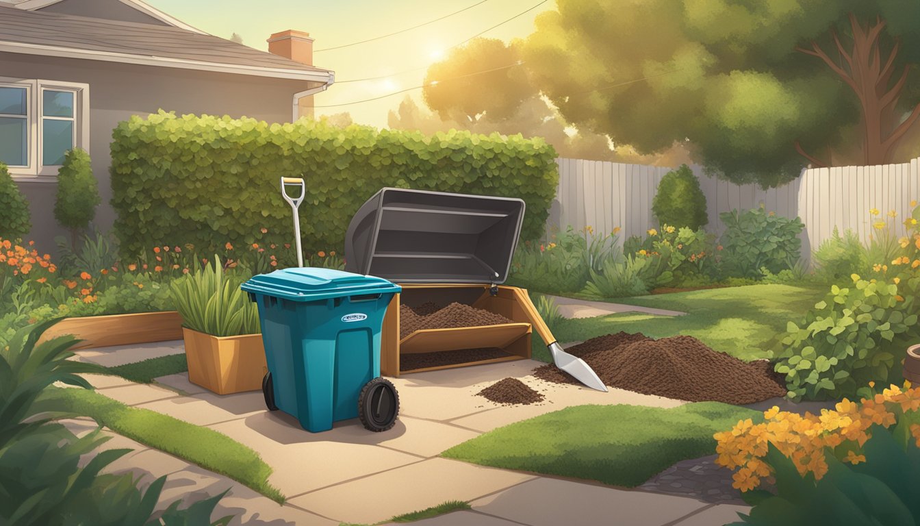 A backyard in Torrance, CA with a compost bin, shovel, and various organic materials spread out on the ground. Sunshine and greenery in the background