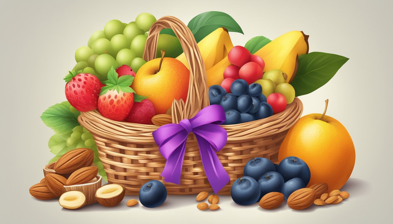 A colorful assortment of fresh fruits, nuts, and granola bars arranged in a wicker basket with a bright ribbon