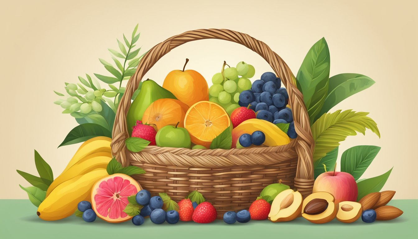 A wicker basket filled with fresh fruits, nuts, and organic snacks, surrounded by vibrant greenery and colorful flowers