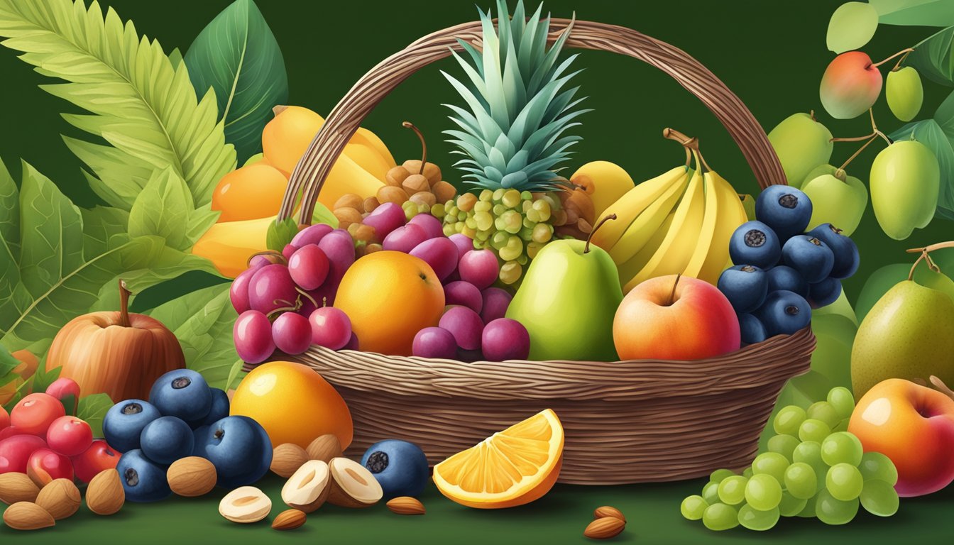 A colorful assortment of fresh fruits, nuts, and gourmet snacks arranged in a wicker basket, surrounded by vibrant greenery and tied with a ribbon