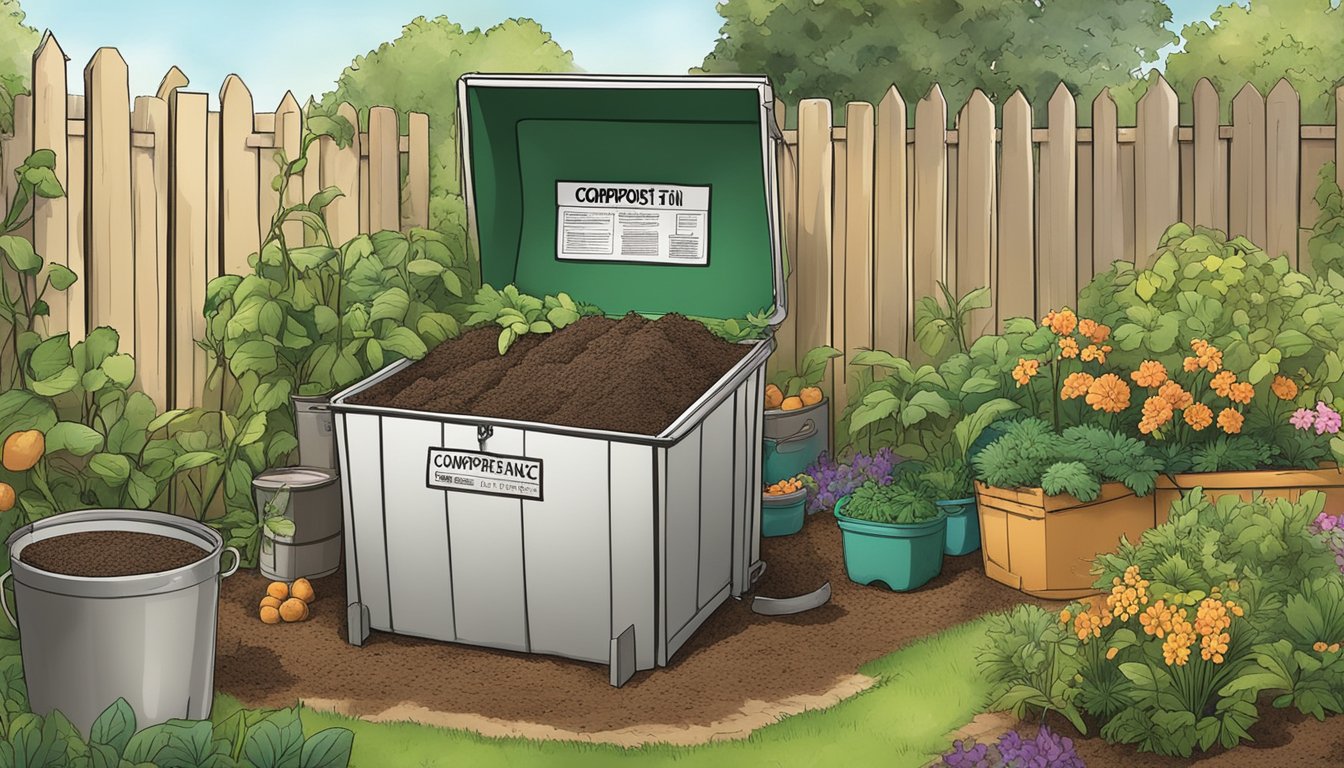 A backyard compost bin filled with various organic materials, surrounded by a lush garden and a small sign indicating "Compost Ingredients and Maintenance guide to composting in Torrance, CA."