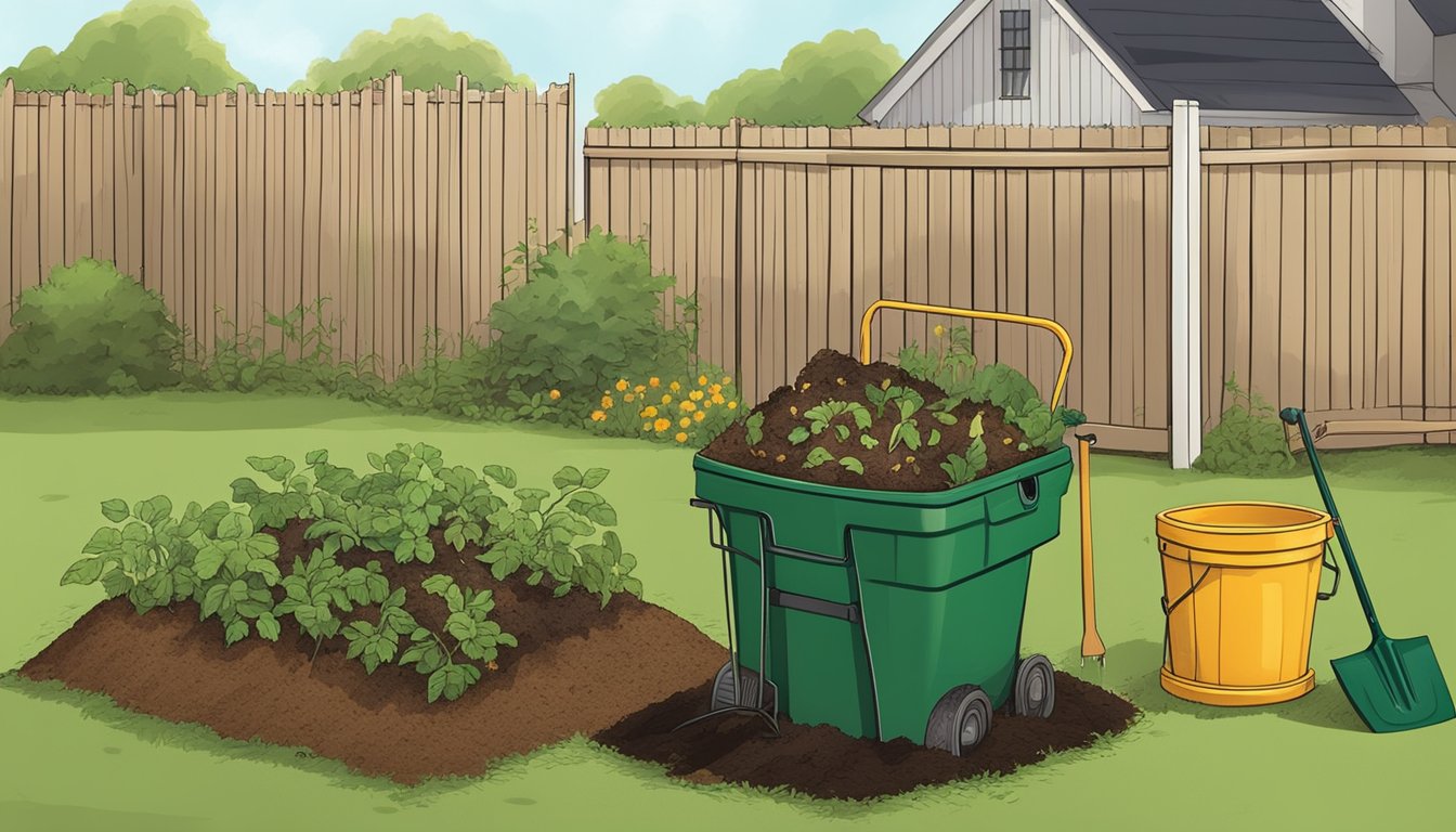 A sunny backyard with a compost bin, a variety of organic waste, and a shovel. A person is turning the compost pile with a pitchfork