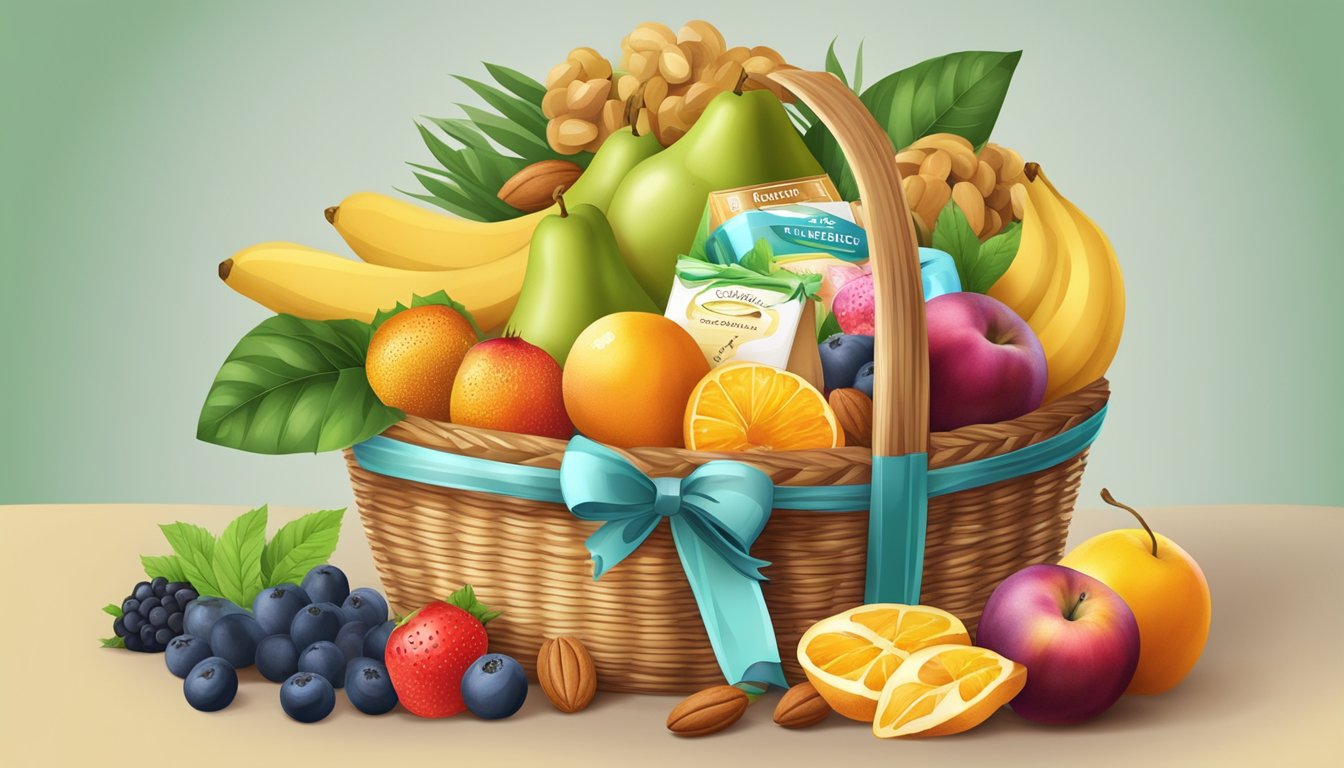 A colorful gift basket filled with fresh fruits, nuts, and organic snacks, surrounded by greenery and tied with a ribbon