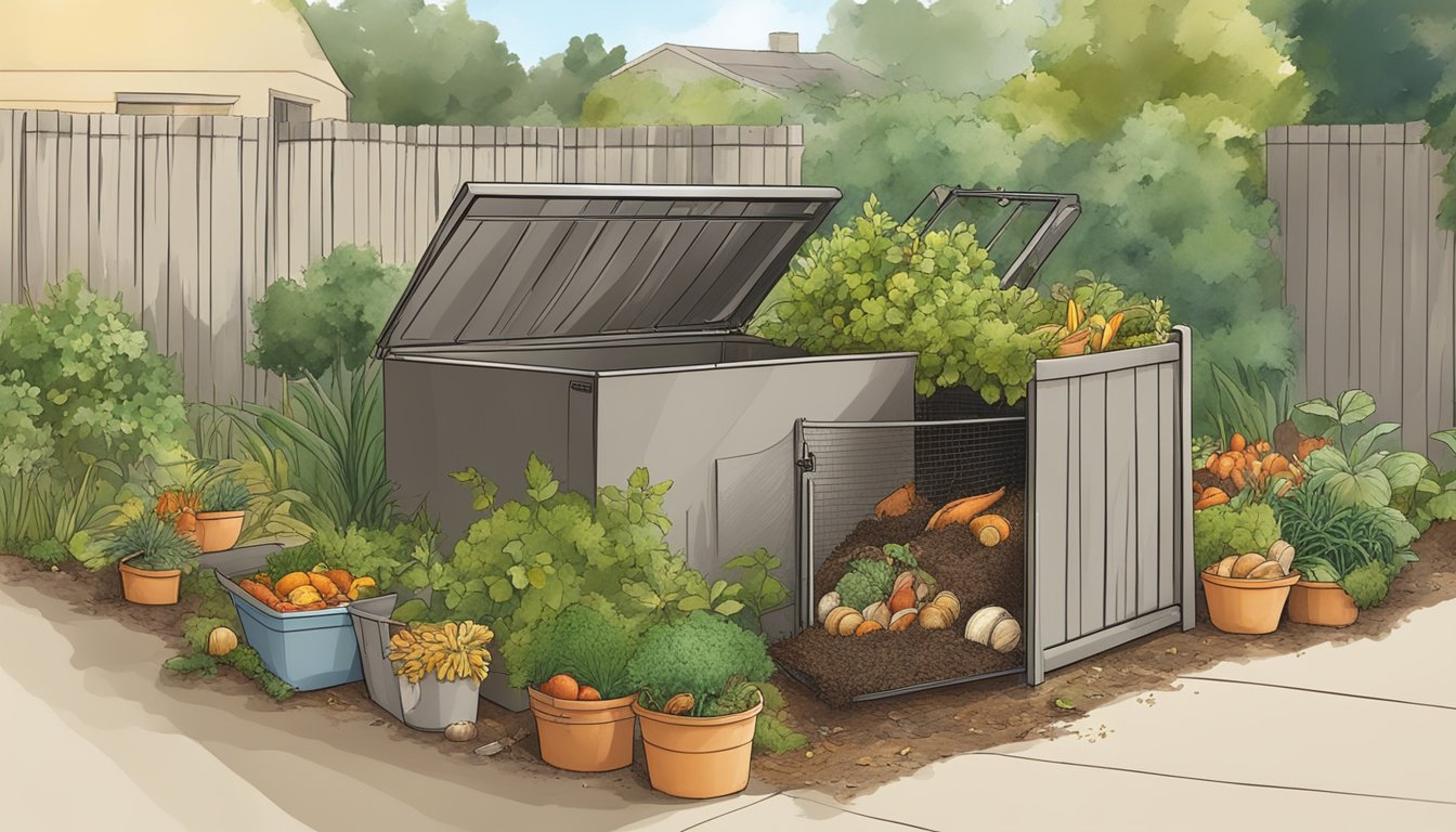 A backyard compost bin surrounded by greenery and filled with food scraps and yard waste in Torrance, CA