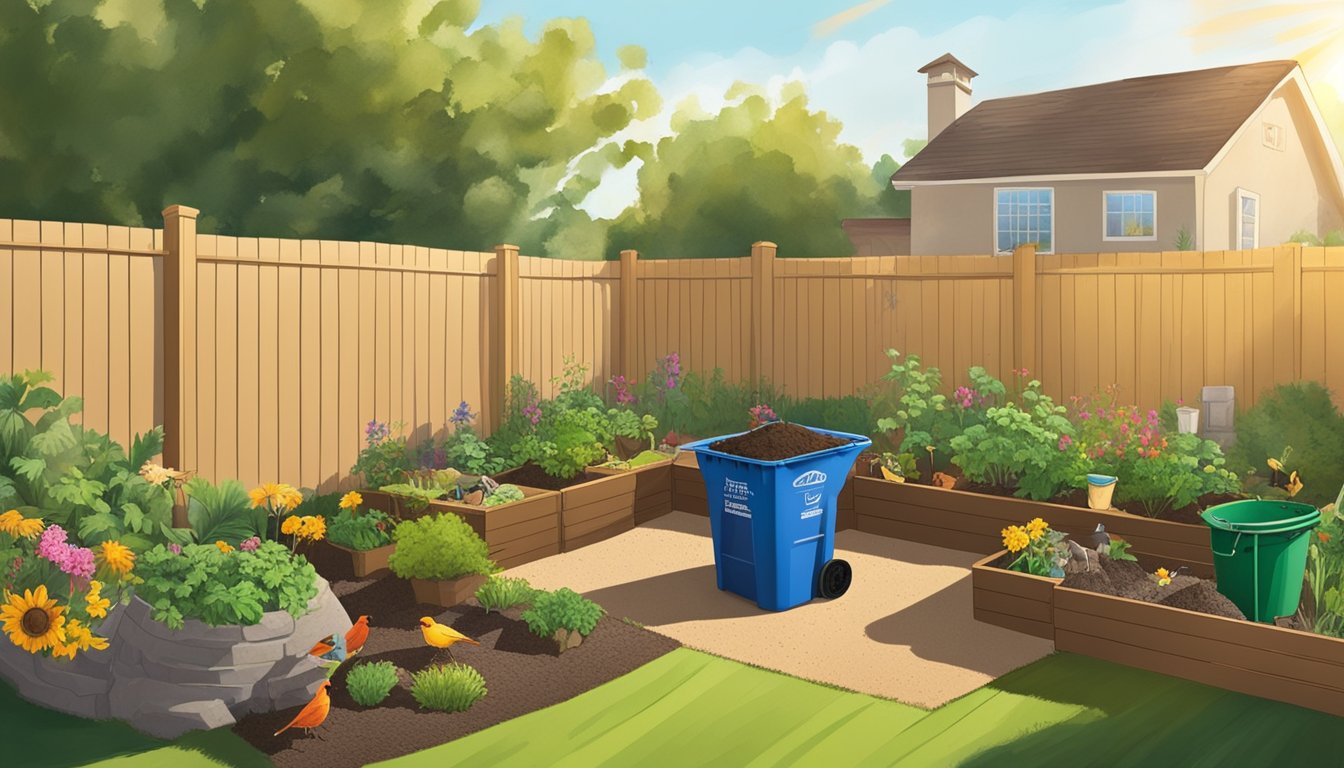 A backyard in Temecula, CA with a compost bin, garden tools, and various organic waste being added to the compost pile. The sun is shining, and birds are flying overhead