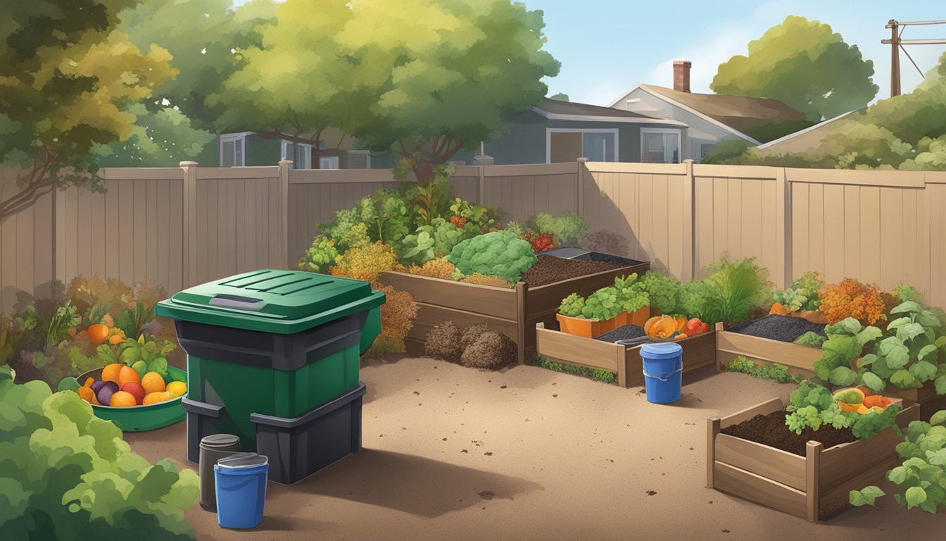 A backyard in Vallejo, CA with a compost bin surrounded by various composting materials such as fruit and vegetable scraps, coffee grounds, leaves, and grass clippings