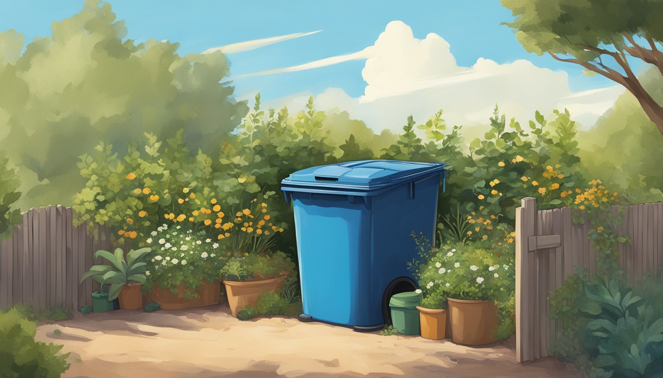 A backyard compost bin surrounded by greenery and a clear blue sky in Temecula, CA