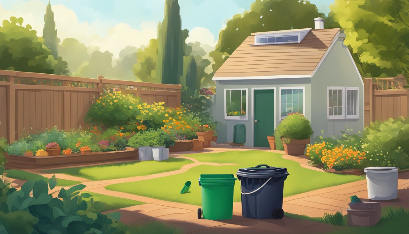 A backyard in Vallejo, CA with a compost bin, a pile of yard waste, and a small kitchen scraps container. The sun is shining, and a garden hose is nearby