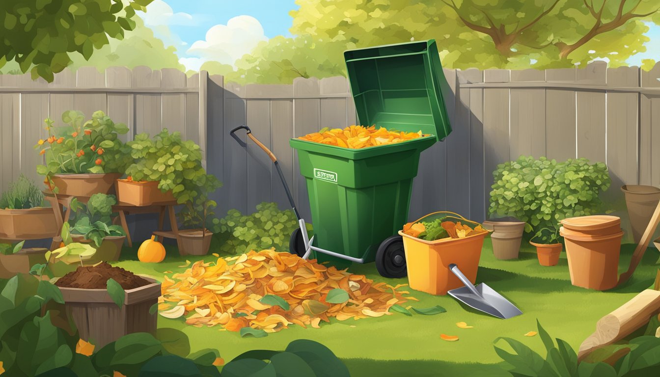 A sunny backyard with a compost bin, shovel, and a variety of organic waste materials such as fruit peels, vegetable scraps, and yard clippings