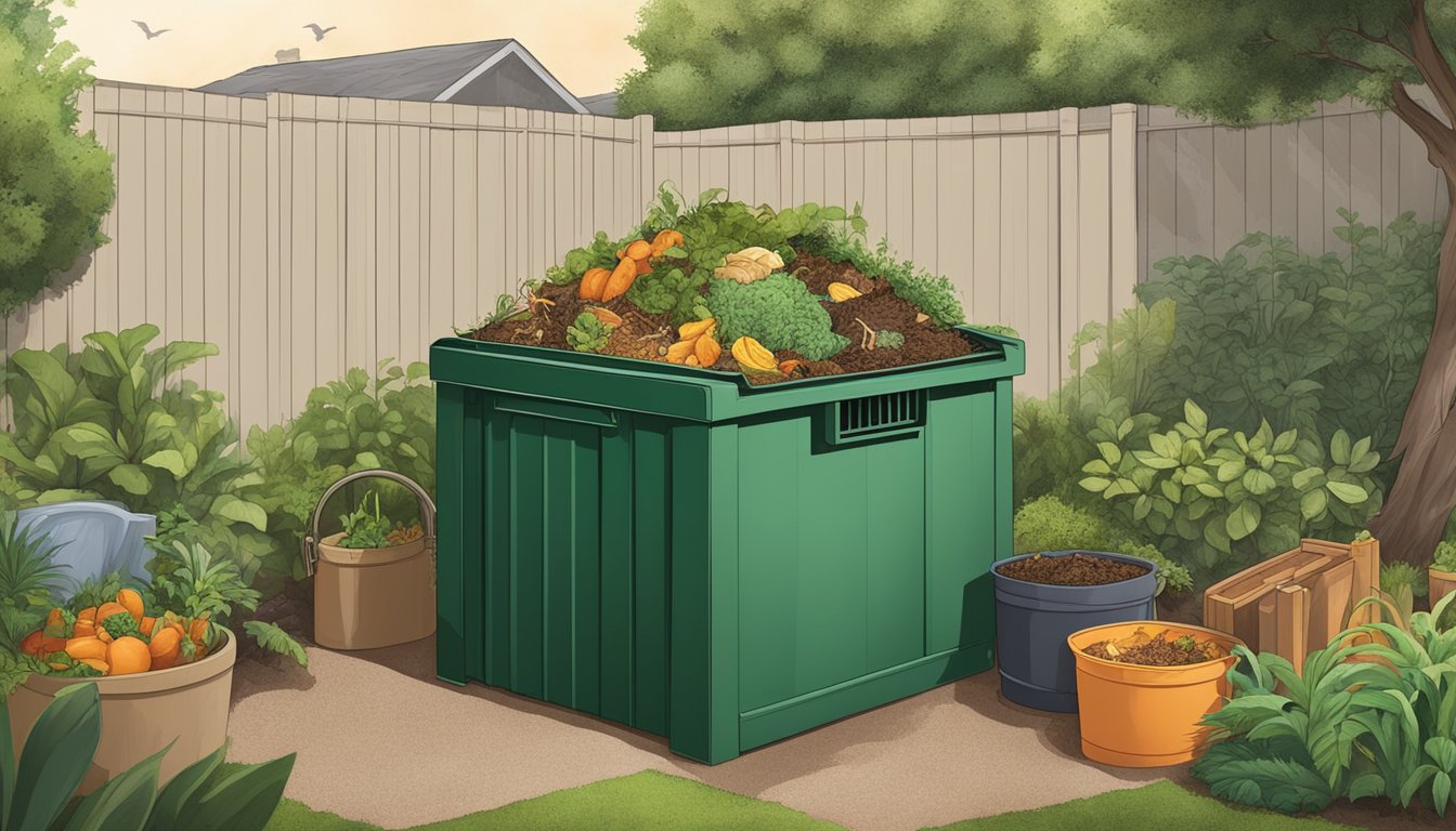 A backyard compost bin surrounded by greenery and filled with a mix of food scraps and yard waste in Torrance, CA