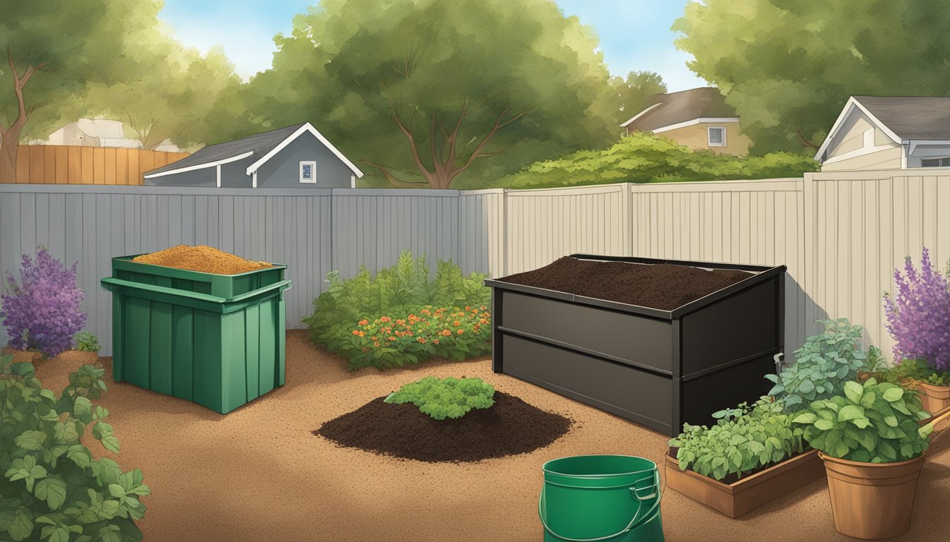 A backyard in Vallejo, CA with a compost bin, garden tools, and various organic materials being layered into the compost pile