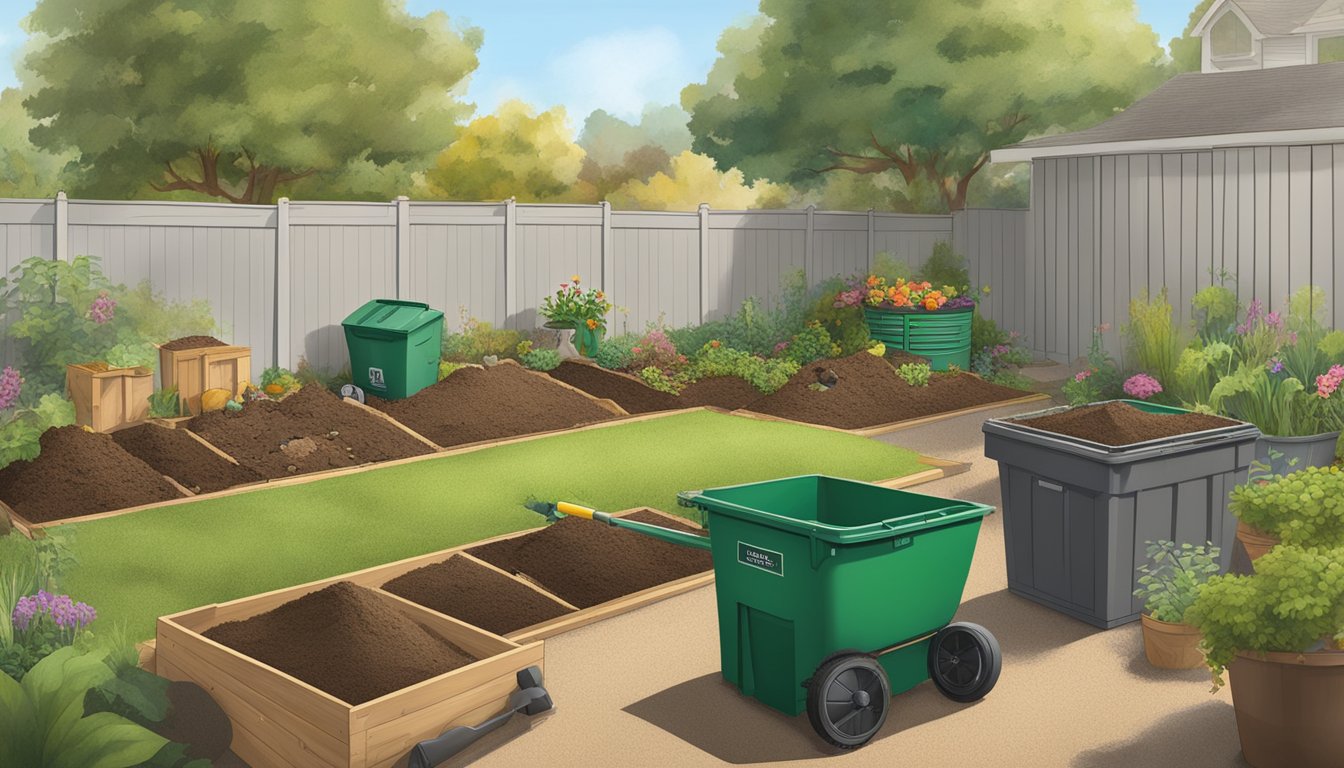 A backyard in Vallejo, CA with a compost bin, garden tools, and a variety of organic waste being added to the compost pile