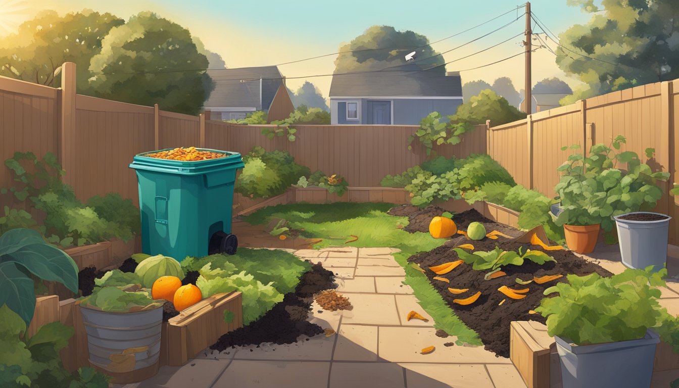 A backyard in Vallejo, CA with a compost bin surrounded by a variety of organic waste such as fruit peels, vegetable scraps, and yard trimmings. The sun shines down on the scene, highlighting the process of natural decomposition