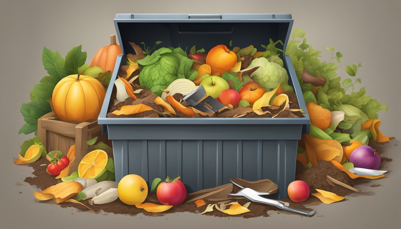 A backyard compost bin surrounded by a variety of organic waste, including fruit peels, vegetable scraps, and yard clippings. A small shovel and pitchfork are nearby