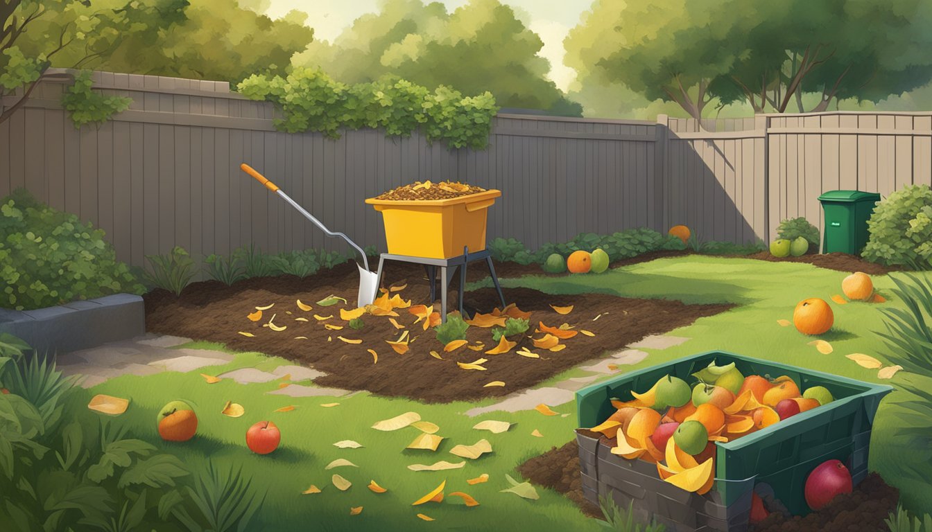 A backyard in Vacaville, CA with a compost bin, shovel, and various organic materials such as fruit peels, leaves, and grass clippings scattered around