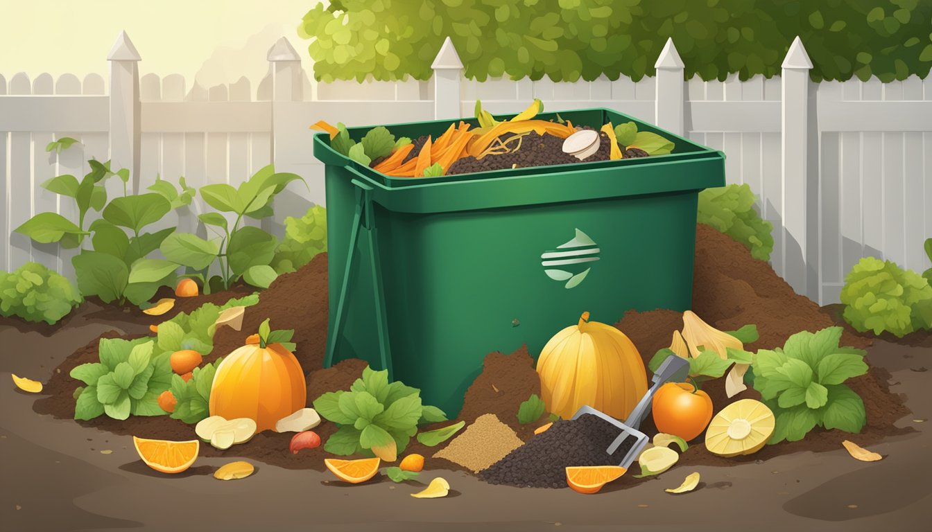 A backyard compost bin surrounded by a variety of organic waste, including fruit peels, vegetable scraps, and yard clippings, with a small shovel nearby