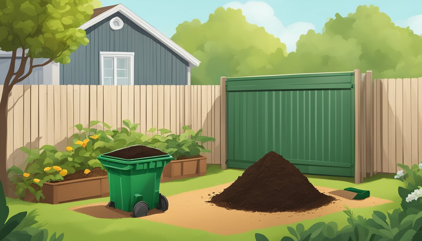 A sunny backyard with a compost bin, green and brown organic waste, a shovel, and a guidebook on composting