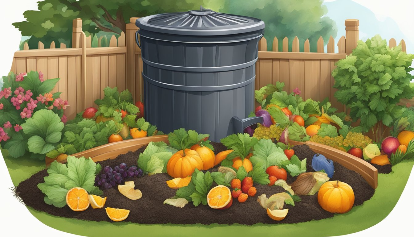 A backyard compost bin with a variety of organic waste, including fruit peels, vegetable scraps, and yard trimmings, surrounded by a lush garden in Vacaville, CA