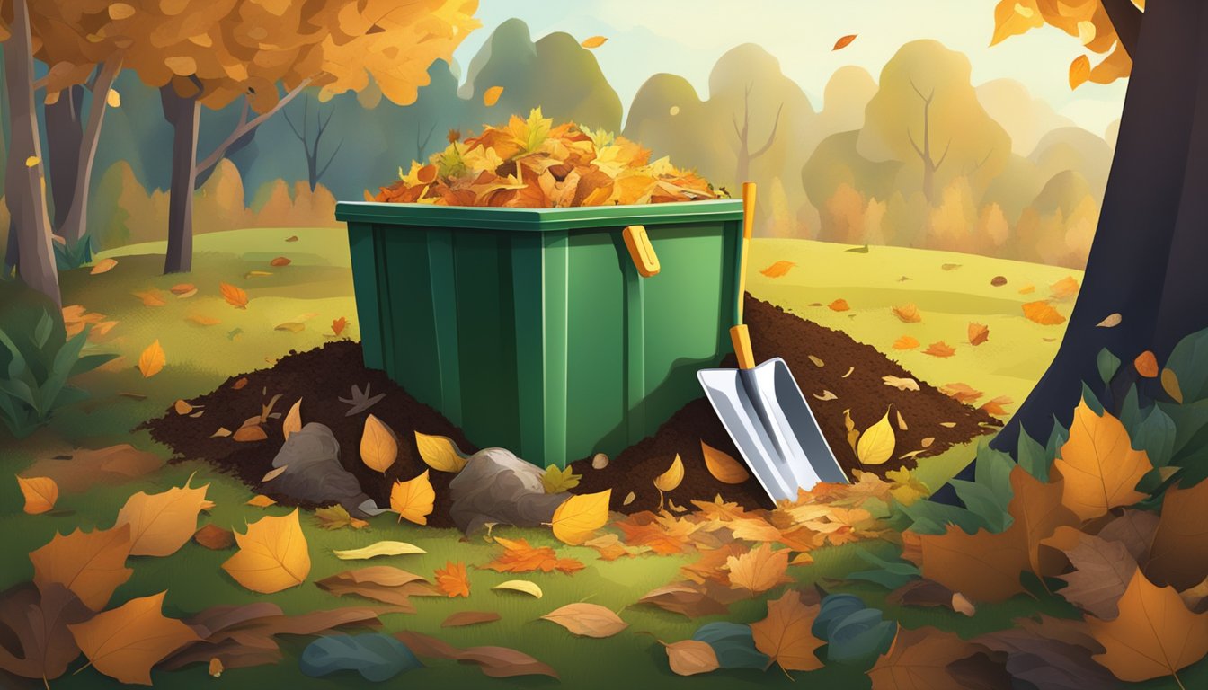 A backyard compost bin surrounded by a variety of organic waste, with a shovel and gardening gloves nearby. Fallen leaves and twigs litter the ground