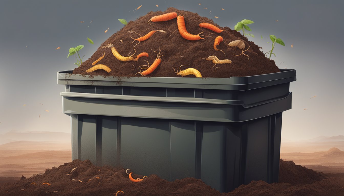 A bin filled with organic waste and red worms, with layers of soil and decomposing material, emitting earthy aroma