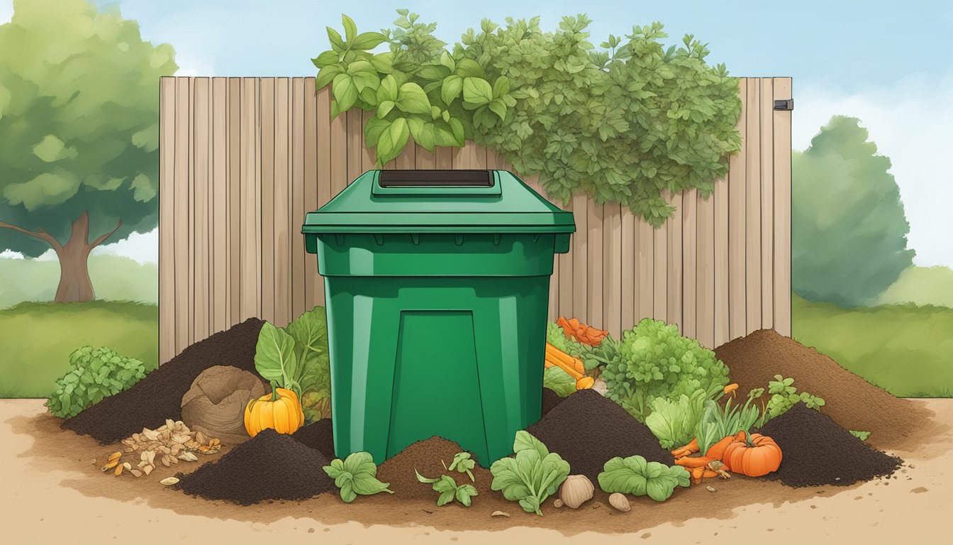 A backyard compost bin surrounded by a mix of kitchen scraps, yard waste, and soil in Visalia, CA