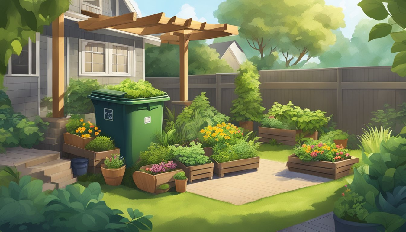 A sunny backyard with a compost bin surrounded by lush green plants and a variety of organic materials being added to the pile