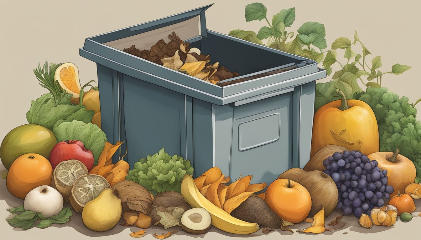 A diverse array of organic waste materials, such as fruit peels, vegetable scraps, and yard trimmings, arranged in a compost bin in Visalia, CA