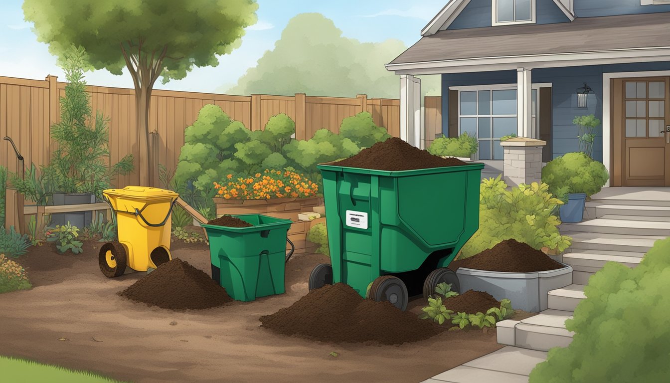 A backyard with a compost bin, garden tools, and various organic materials being added to the pile. A small sign nearby indicates Visalia's composting regulations