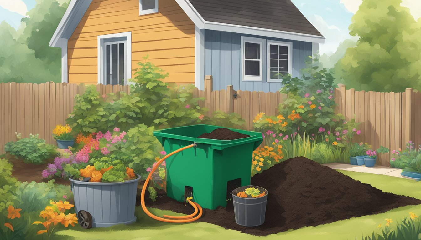 A sunny backyard with a compost bin, a garden hose, and a variety of organic waste being added to the compost pile