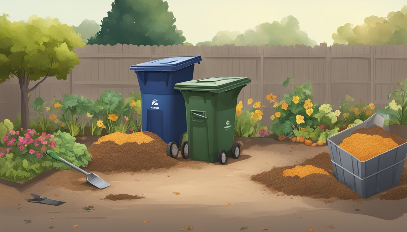 A backyard in Visalia, CA with a compost bin, shovel, and various organic waste materials spread out on the ground