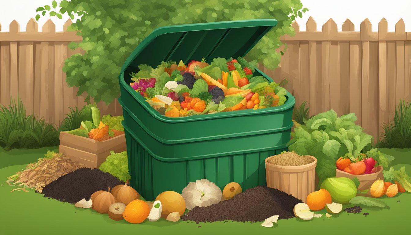 A backyard compost bin surrounded by various types of organic waste, including fruit and vegetable scraps, yard trimmings, and shredded paper