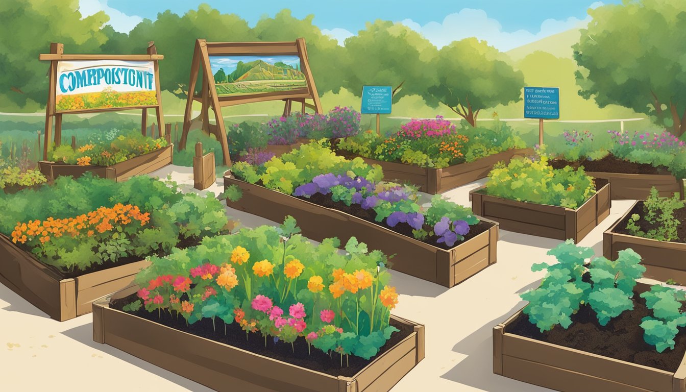 A colorful and vibrant illustration of a community garden in Ventura, CA, with various composting bins and educational signage