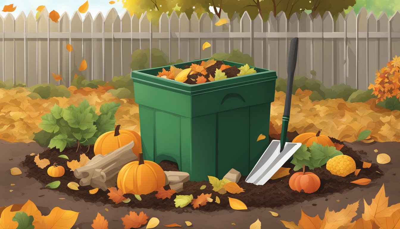 A backyard compost bin surrounded by a variety of organic waste, with a shovel and gardening gloves nearby. Fallen leaves and fruit scraps are visible