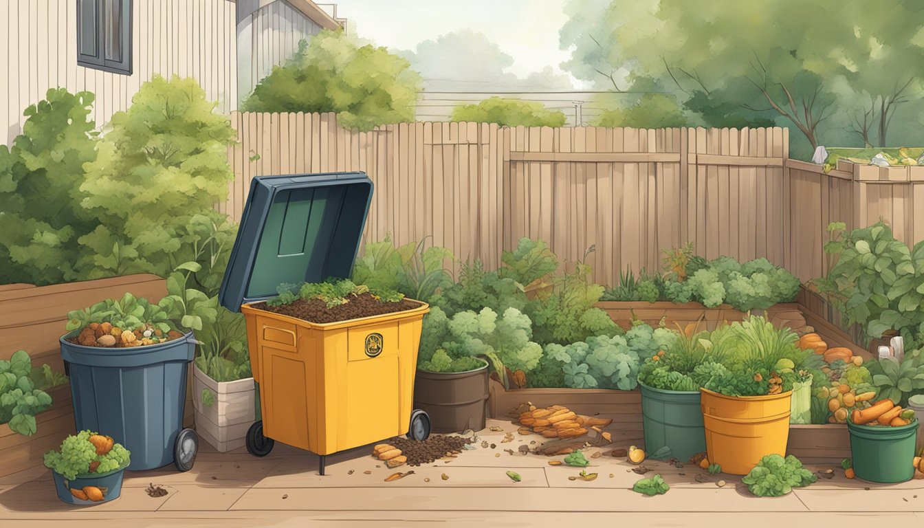 A backyard with a compost bin surrounded by greenery and various food scraps being added to the bin