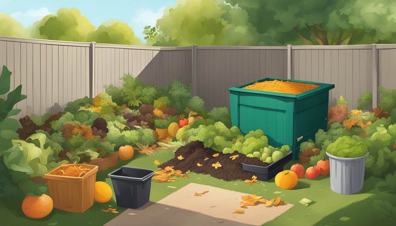 A backyard with a compost bin surrounded by various organic waste such as fruit peels, vegetable scraps, and yard clippings