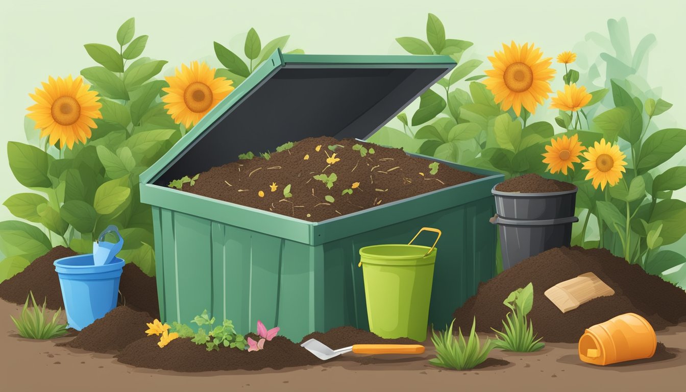 A backyard compost bin surrounded by a variety of organic waste materials, with a small shovel and gardening gloves nearby