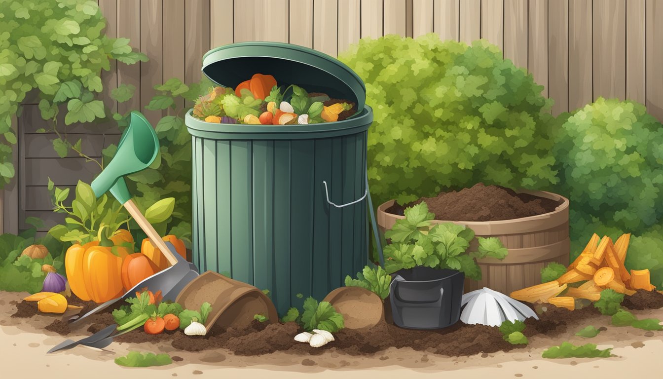 A backyard compost bin surrounded by a variety of food scraps and yard waste, with a small shovel and gardening gloves nearby