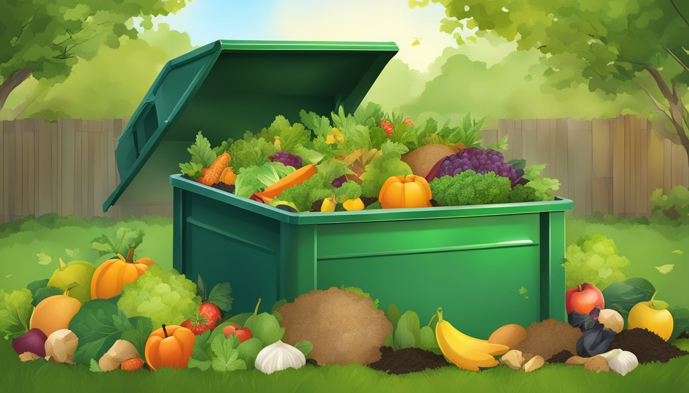 A backyard compost bin surrounded by a variety of organic waste, including fruit and vegetable scraps, leaves, and grass clippings