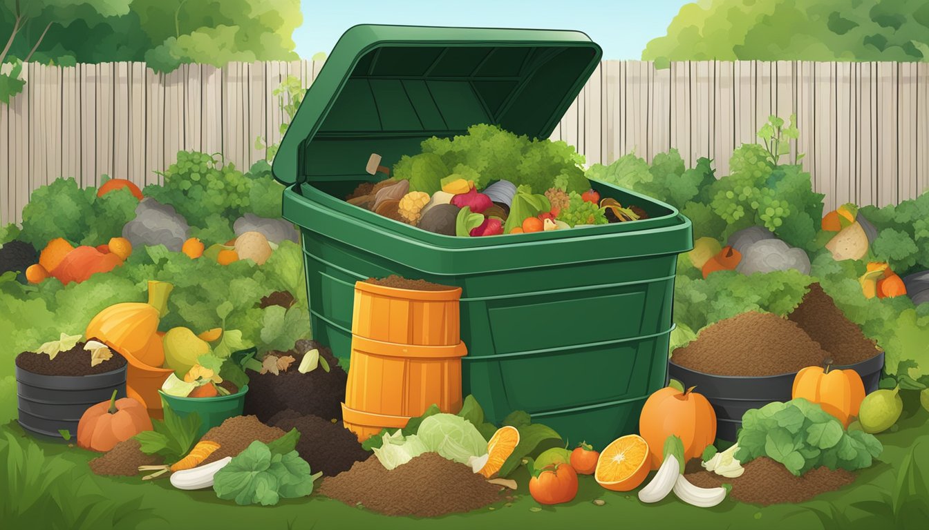 A backyard compost bin surrounded by a variety of organic waste, including fruit and vegetable scraps, leaves, and grass clippings