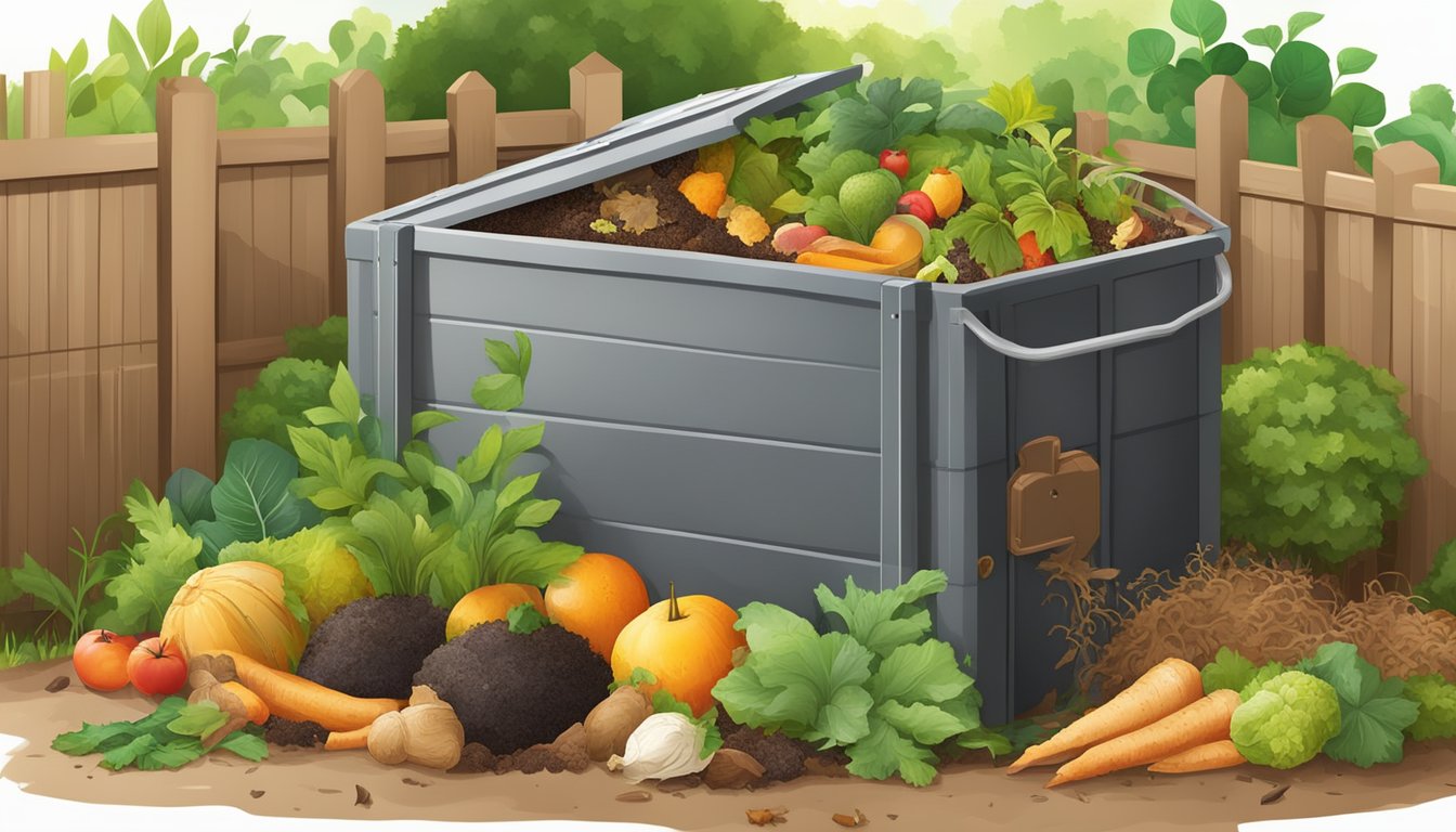 A backyard compost bin surrounded by various organic waste materials, including fruit and vegetable scraps, leaves, and grass clippings