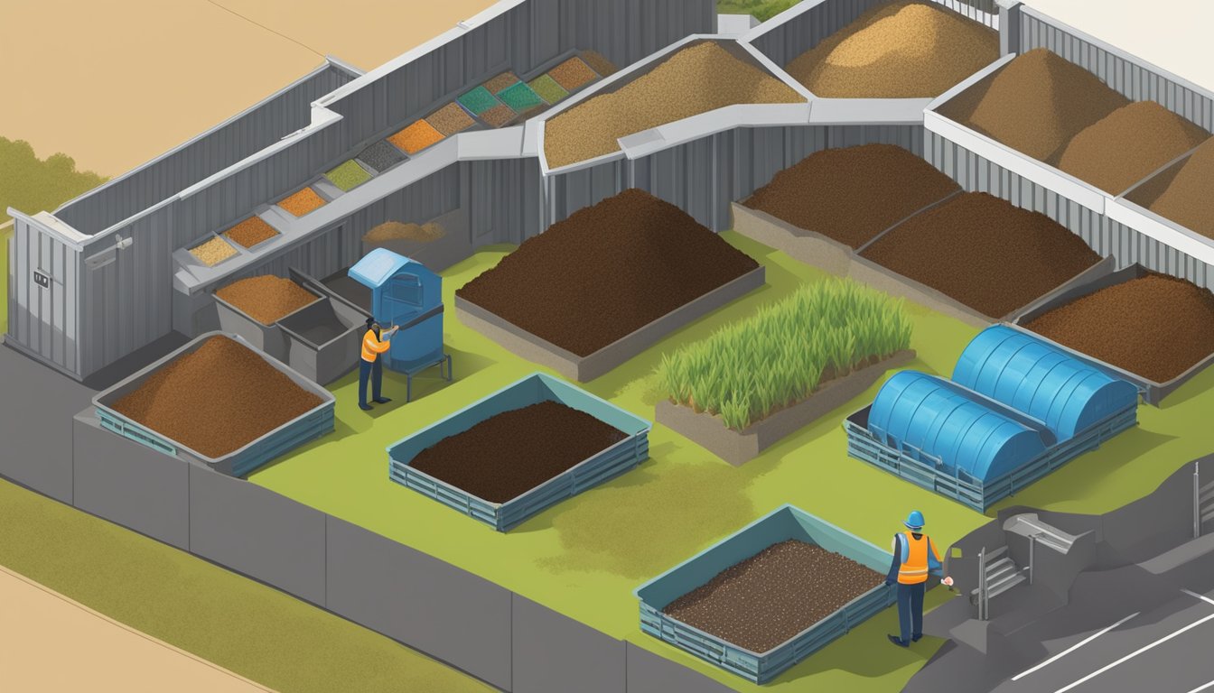 A composting facility in West Covina, CA, with clear signage and labeled bins for different types of waste. A worker checks the temperature of the compost piles