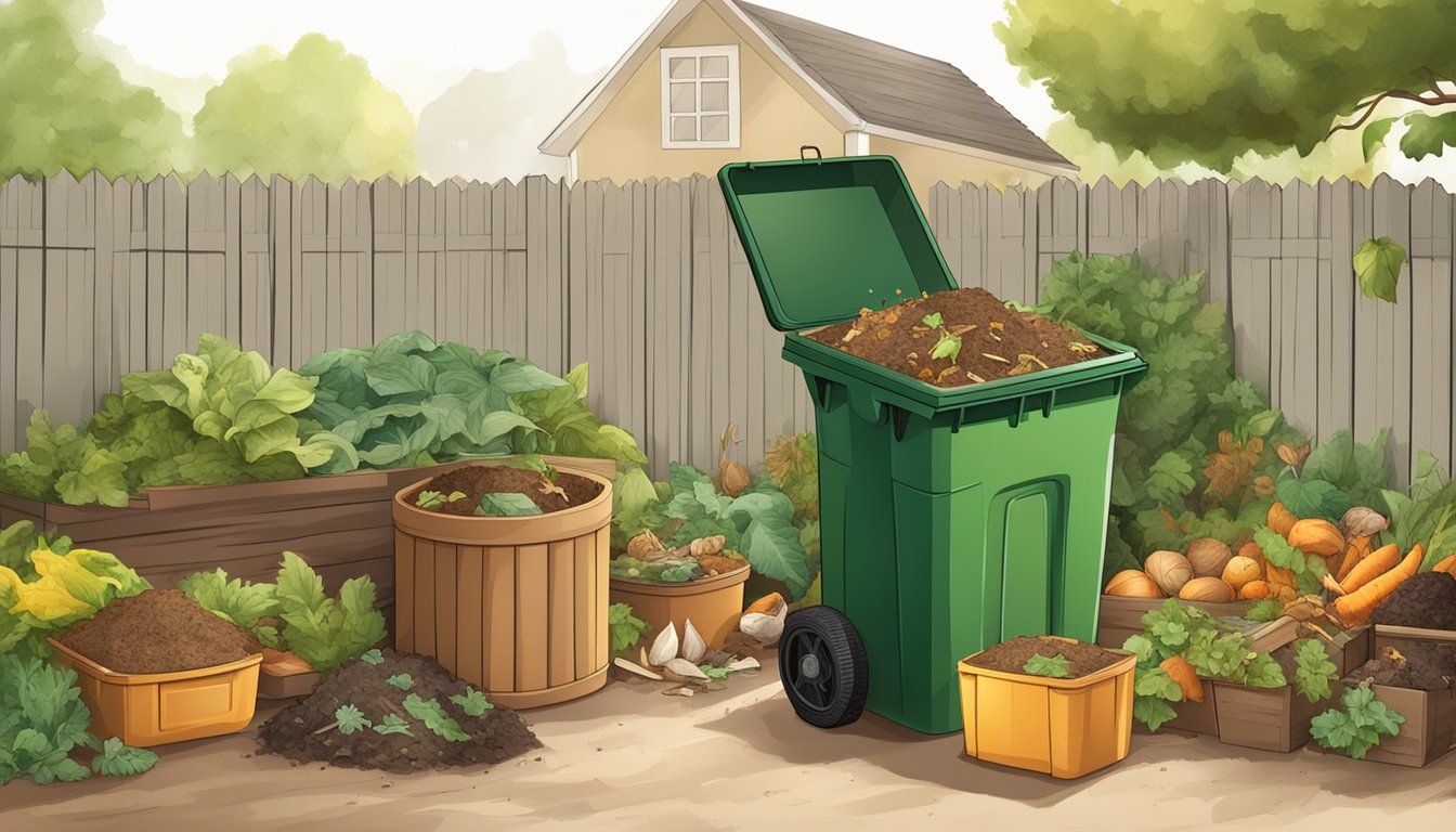 A backyard compost bin surrounded by various types of organic waste, with a separate bin for recyclables nearby