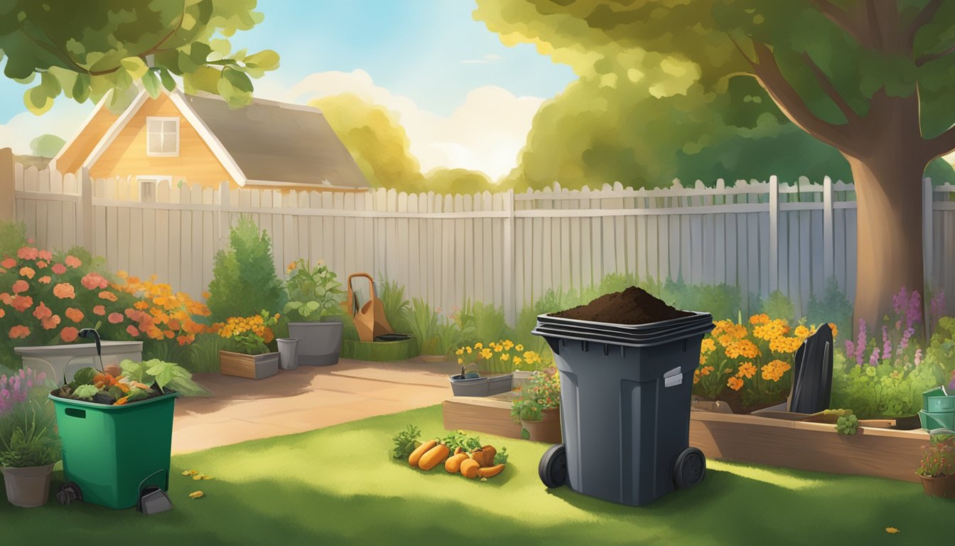 A suburban backyard with a compost bin, garden tools, and a variety of organic waste being added to the bin. The sun is shining and a small garden is visible in the background