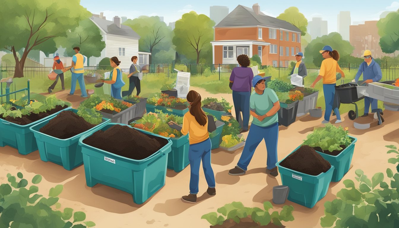 A group of volunteers and city workers gather at a community garden, sorting and turning compost bins. Signs promoting composting are displayed prominently