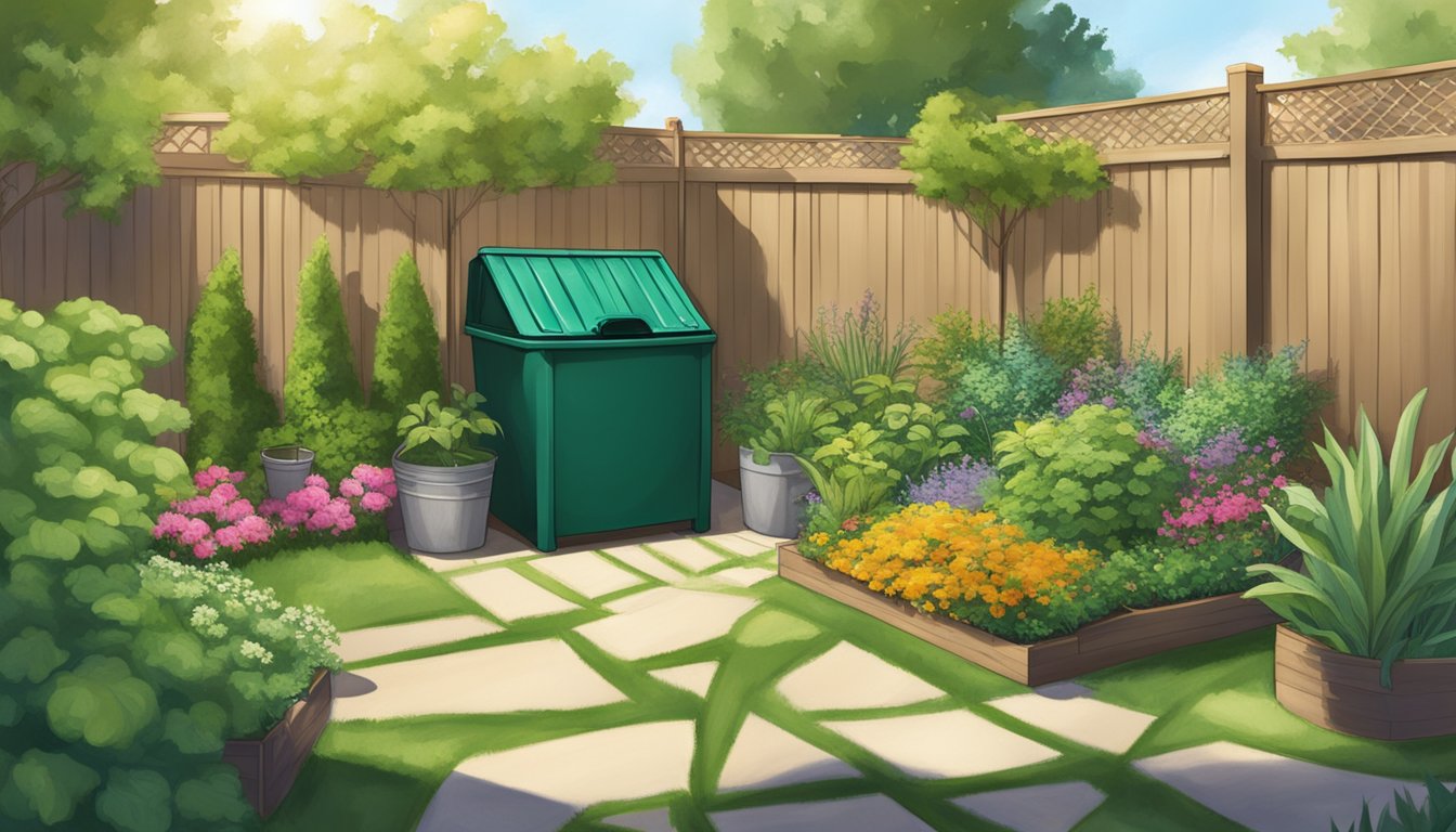 A sunny backyard with a compost bin surrounded by green plants and a small garden in West Covina, CA