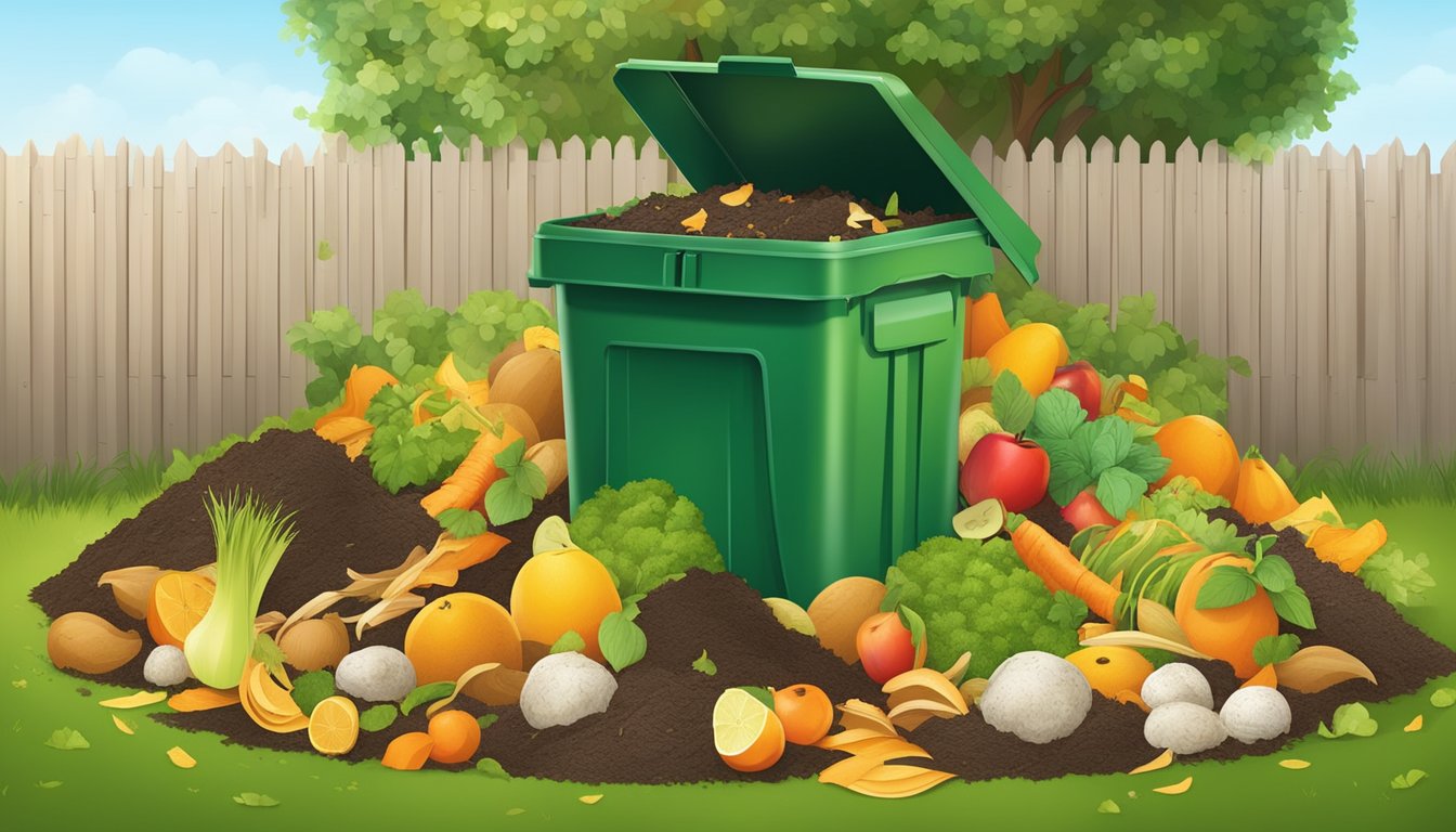 A backyard compost bin surrounded by a variety of organic waste, such as fruit peels, vegetable scraps, and grass clippings, with a shovel nearby