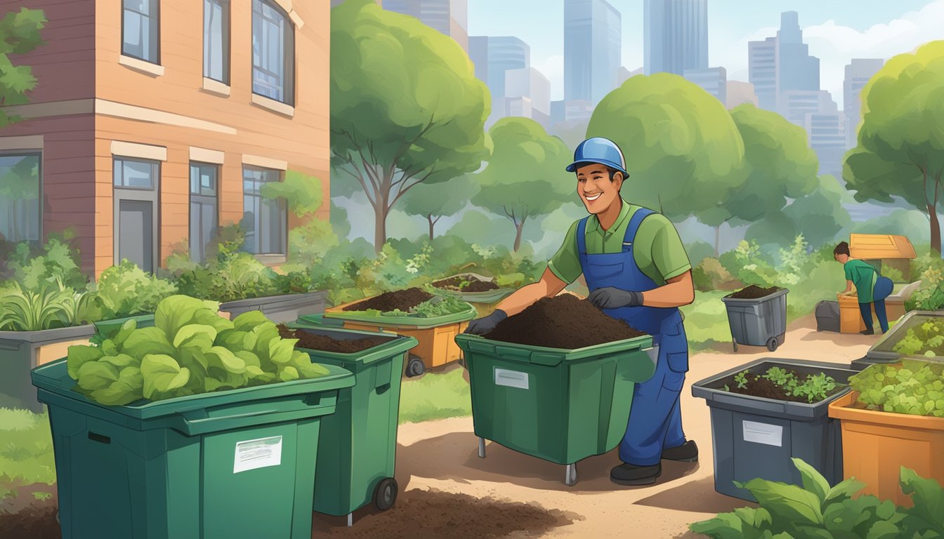 A city worker demonstrates composting in a community garden, surrounded by bins and greenery, with a city skyline in the background